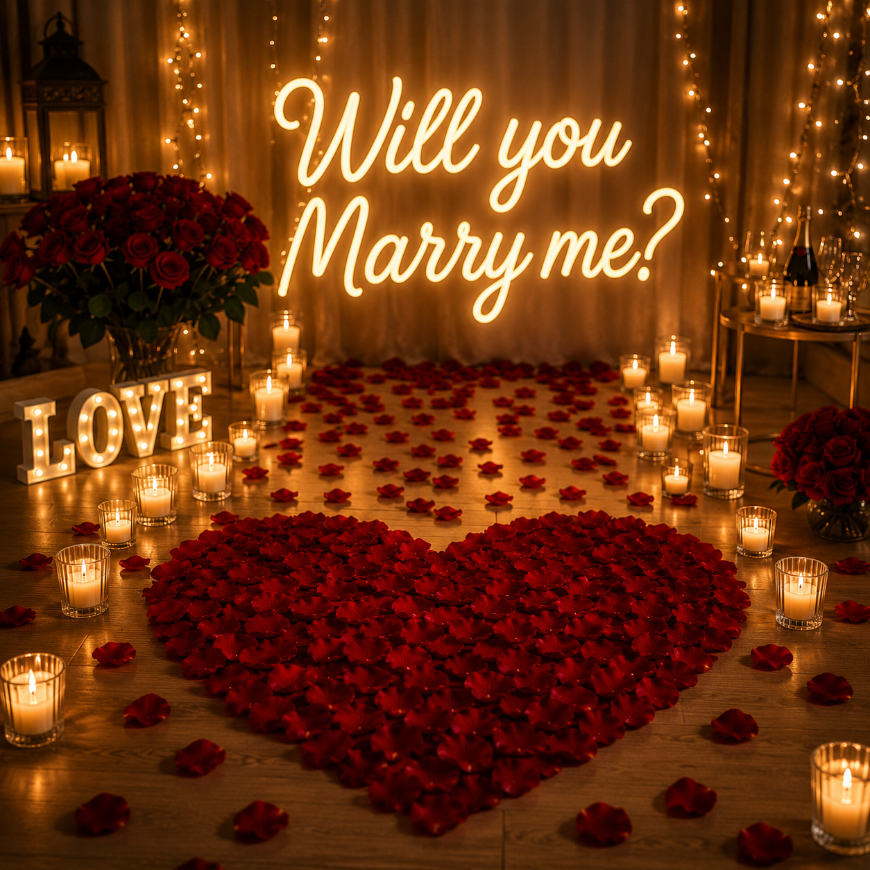 Cœur géant de pétales rouge foncé avec enseigne Will you Marry me?, bouquets de roses et guirlandes | The Originea