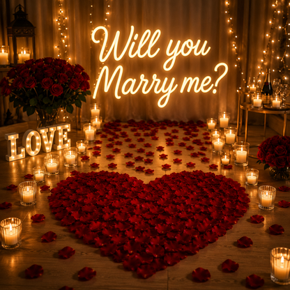 Cœur géant de pétales rouge foncé avec enseigne Will you Marry me?, bouquets de roses et guirlandes | The Originea