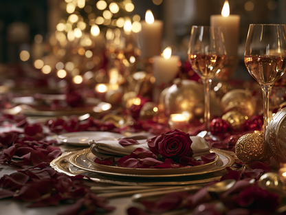 Pétales de rose rouge en décoration de table de Noël dorée avec bougies, ambiance festive et romantique | The Originea