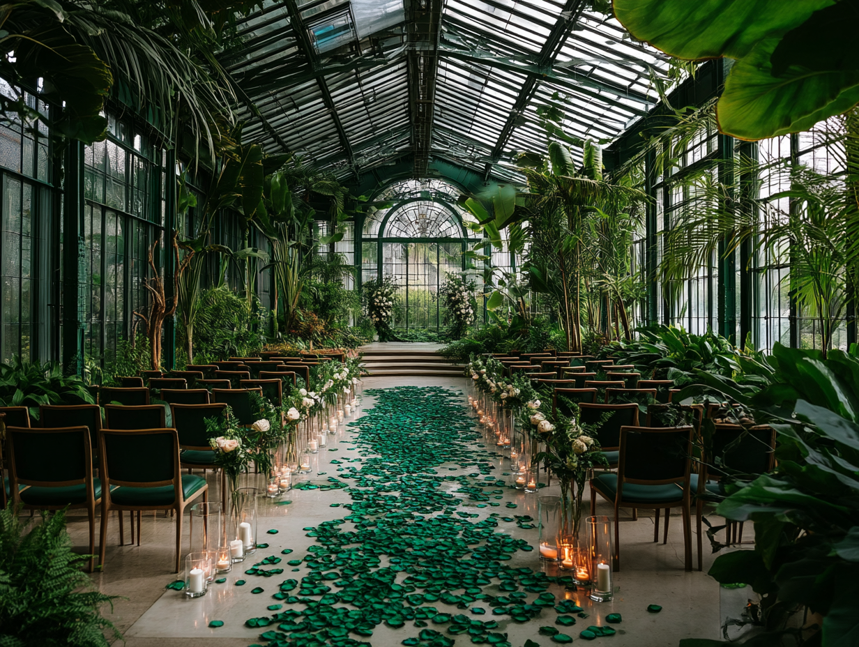 Pétales de rose vert foncé — allée de cérémonie de mariage en serre tropicale avec pétales émeraude et bougies | The Originea
