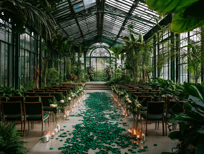 Pétales de rose vert foncé — allée de cérémonie de mariage en serre tropicale avec pétales émeraude et bougies | The Originea
