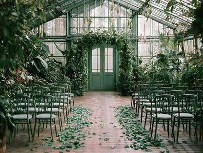Pétales de rose vert foncé — cérémonie de mariage en serre verrière botanique avec allée de pétales émeraude | The Originea