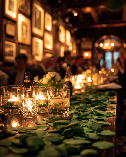 Pétales de rose vert foncé en décoration de table d'événement pub irlandais avec bougies et verres cristal | The Originea