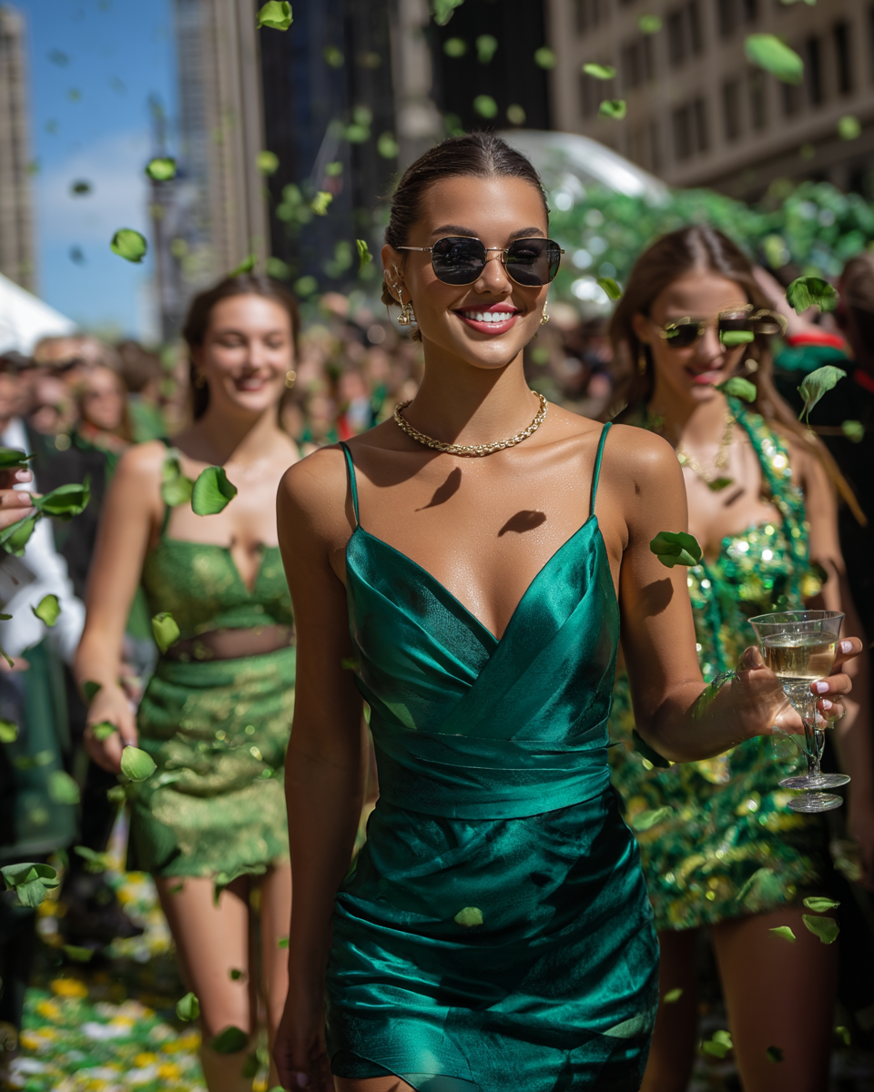 Pétales de rose vert foncé — lancer de confettis émeraude lors d'un événement Saint-Patrick avec robe verte émeraude | The Originea