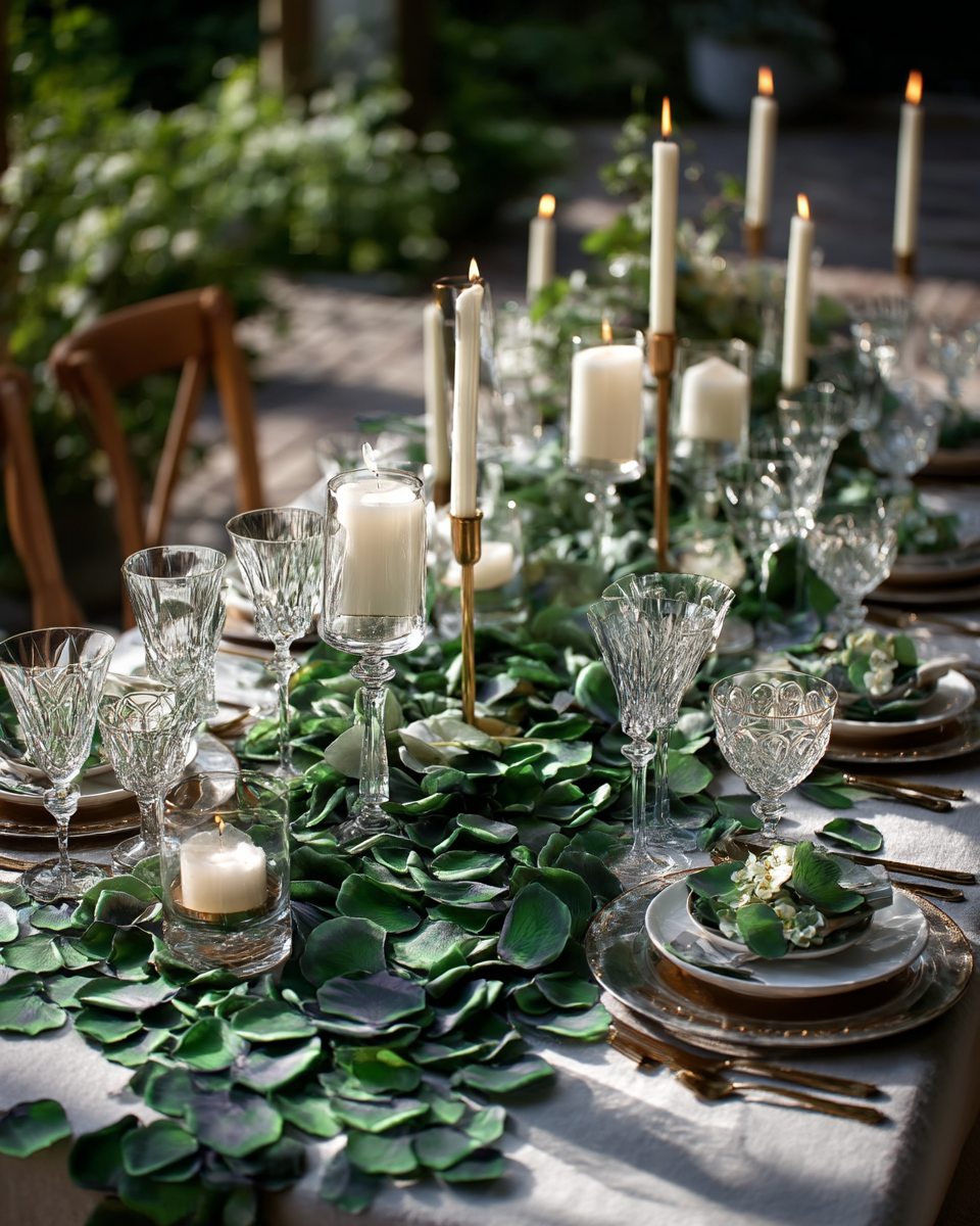 Pétales de rose vert foncé sur table dressée botanique avec verres cristal, bougies et roses blanches | The Originea