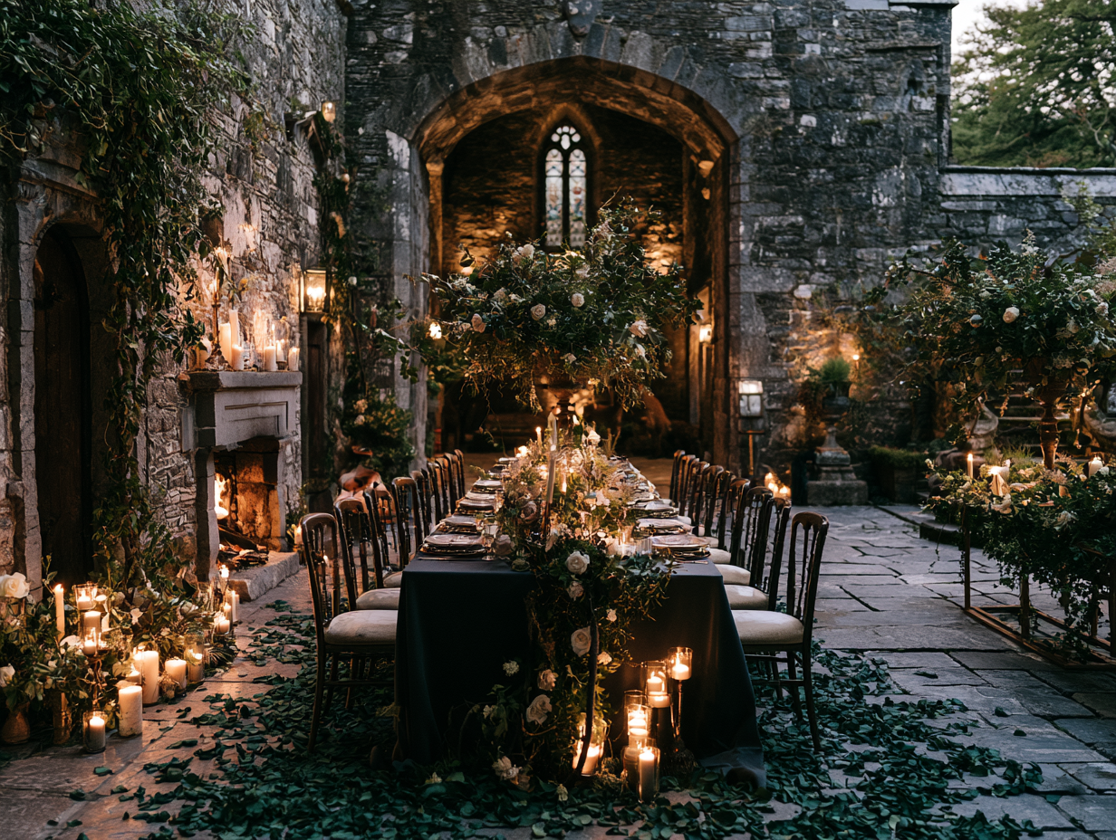 Pétales de rose vert foncé en décoration de table de mariage château en pierre avec bougies à la tombée du soir | The Originea