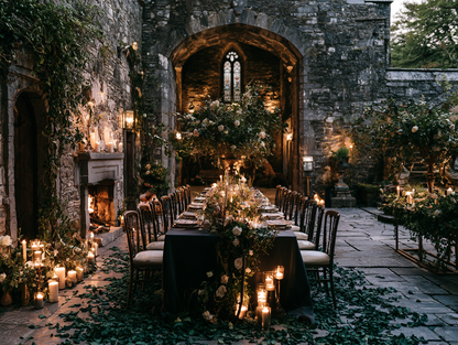 Pétales de rose vert foncé en décoration de table de mariage château en pierre avec bougies à la tombée du soir | The Originea