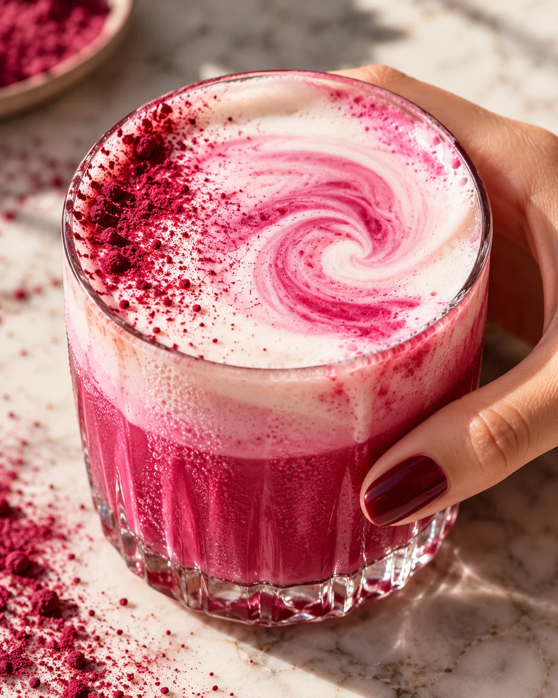 Latte poudre de betterave en verre tenu en main | The Originea