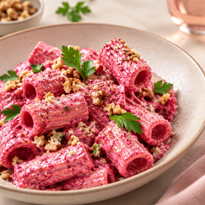 Rigatoni sauce rose crémeuse à la poudre de betterave | The Originea
