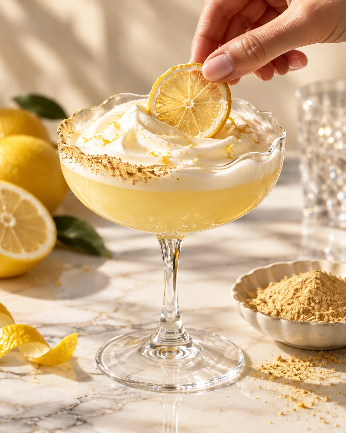 Cocktail meringue citron avec tranche séchée sur marbre | The Originea
