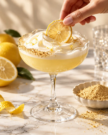 Cocktail meringue citron avec tranche séchée sur marbre | The Originea