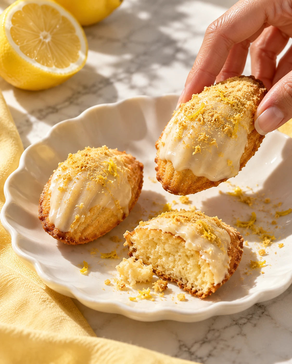Madeleines glacées à la poudre de citron jaune sur marbre | The Originea