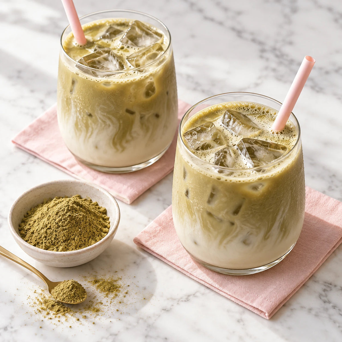 Deux lattes glacés à la poudre de feuilles d'olivier sur marbre avec bol | The Originea
