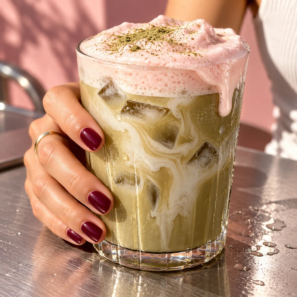 Latte glacé poudre d'olivier avec mousse rose et garniture verte | The Originea