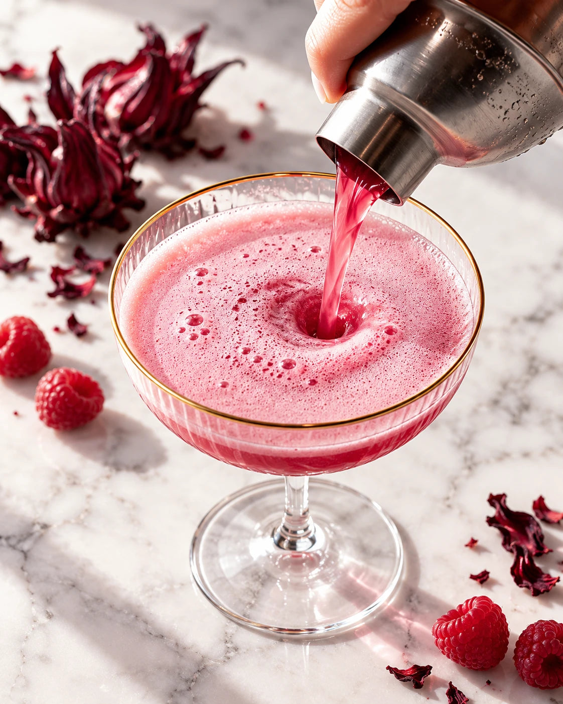 Poudre d'hibiscus dans un cocktail coupe framboise | The Originea