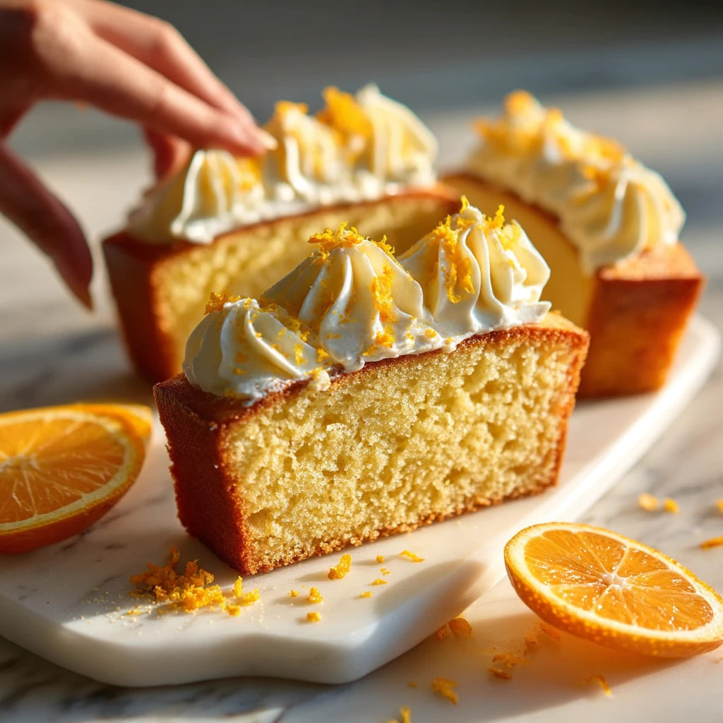 Tranche de cake à l'orange avec crème fouettée et zestes sur marbre | The Originea
