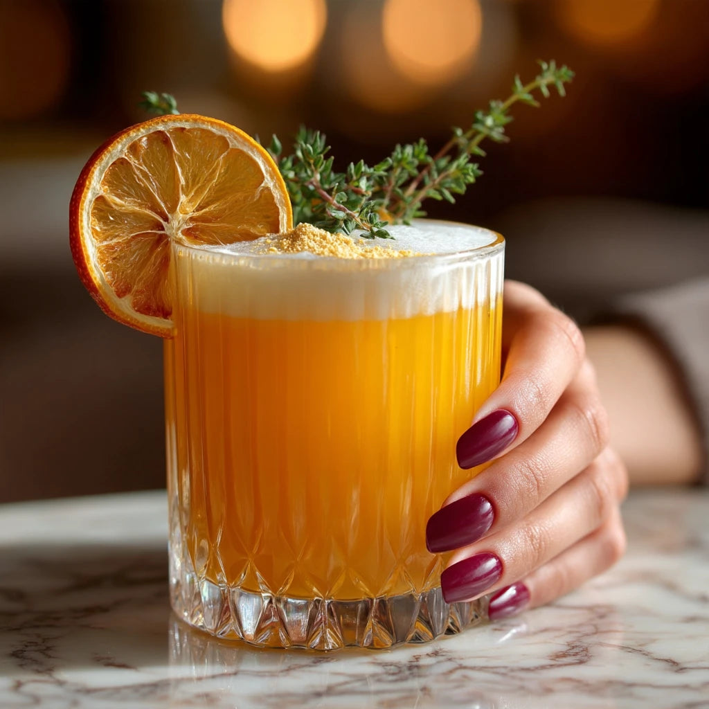 Cocktail orange avec mousse tenu à la main fond bokeh doré | The Originea