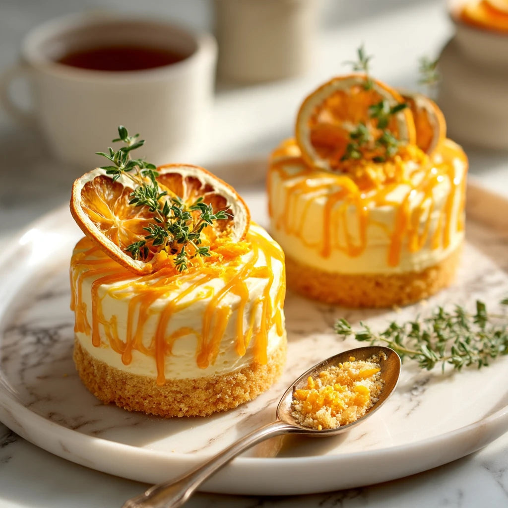 Mini cheesecakes orange nappés caramel et tranches séchées sur marbre | The Originea