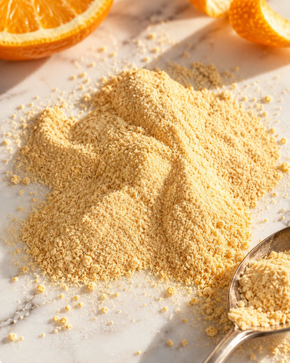 Poudre d'orange bio Sicile en tas avec cuillère sur marbre blanc | The Originea