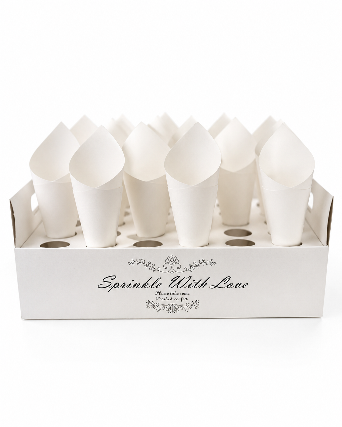 Présentoir carton blanc « Sprinkle With Love » garni de cônes à confettis, table d'accueil mariage | The Originea