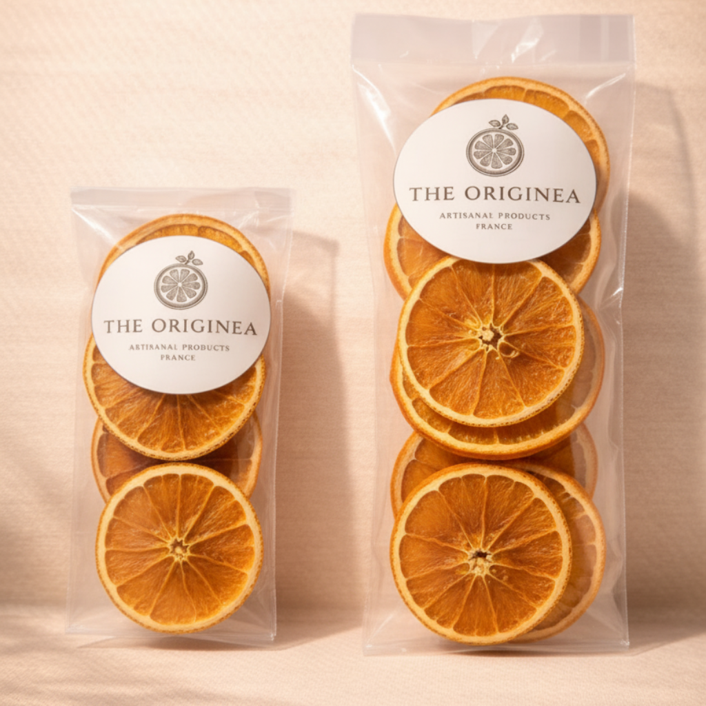 Deux sachets The Originea de tranches d'oranges deshydratees en taille petite et grande sur fond beige clair