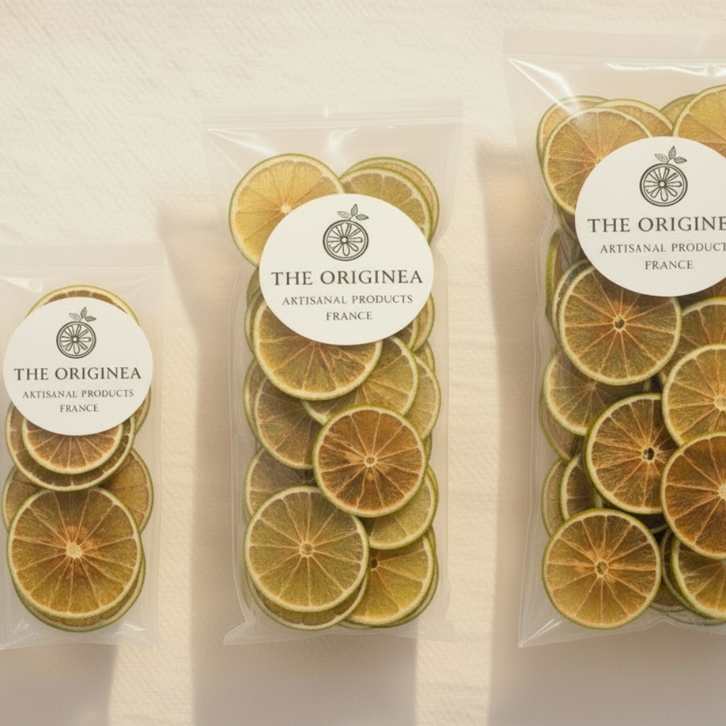 Trois sachets The Originea de tranches de citrons verts deshydratees en differentes tailles sur fond blanc