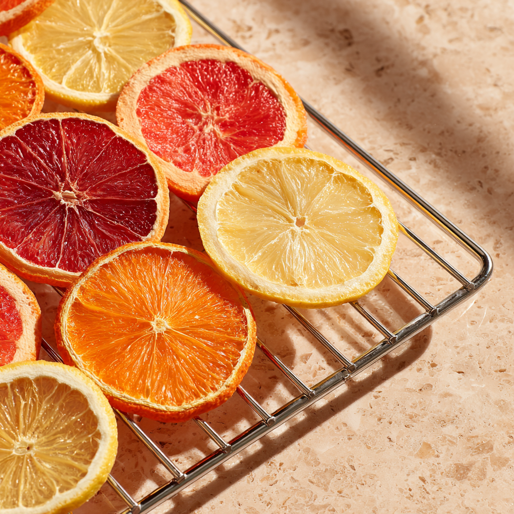 Tranches d'agrumes deshydratees colorees sur grille metallique : orange sanguine, pamplemousse, orange et citron sur fond terrazzo beige