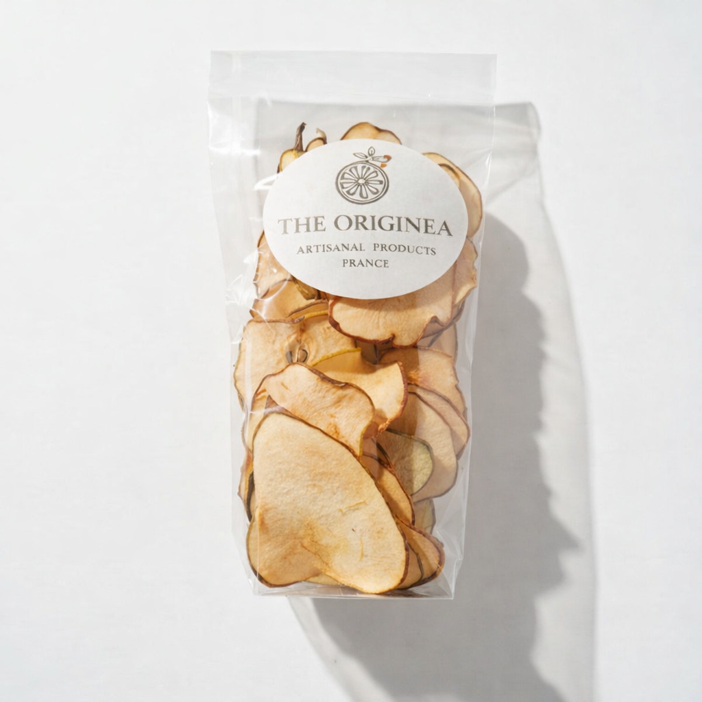 Sachet transparent de chips de poires séchées artisanales The Originea, produits artisanaux de France