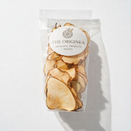 Sachet transparent de chips de poires séchées artisanales The Originea, produits artisanaux de France