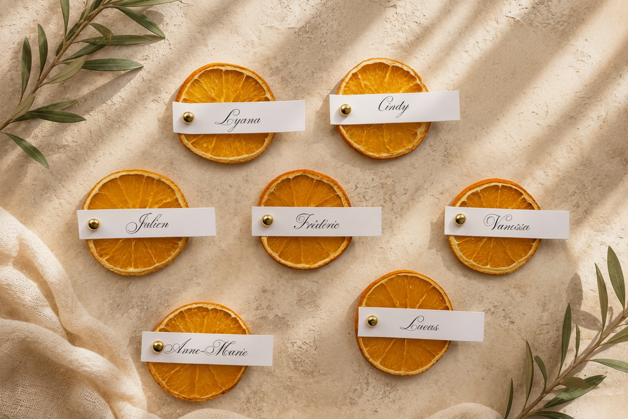 Marque-places agrumes séchés en situation sur table de mariage bohème | The Originea