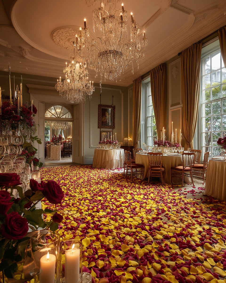 Salle de réception luxe décorée de pétales de rose orange et jaune au sol | The Originea