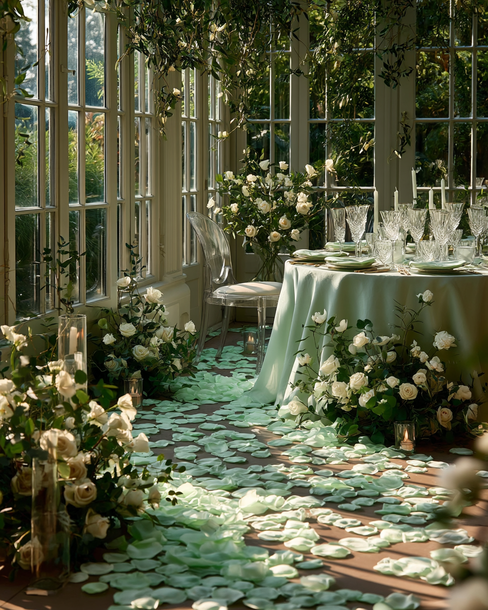 Serre de mariage avec pétales de rose vert menthe séchés et roses blanches | The Originea