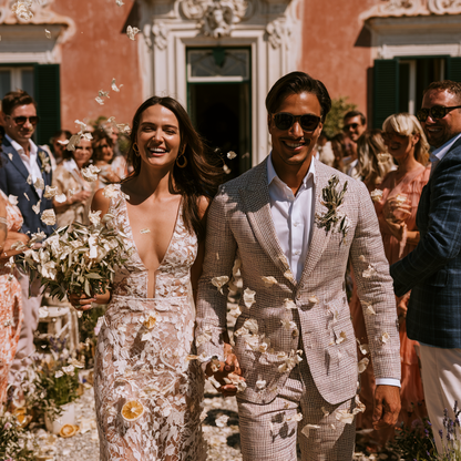 Sortie de cérémonie mariage Dolce Vita — confettis d'olivier et tranches de citron au sol | The Originea