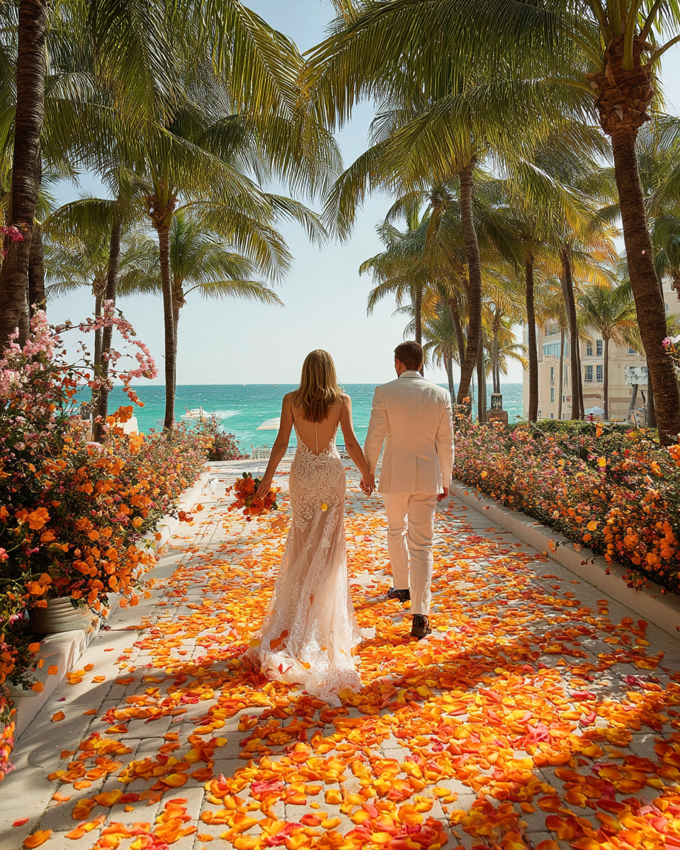 Sortie de cérémonie mariage Miami avec pétales de rose orange séchés | The Originea