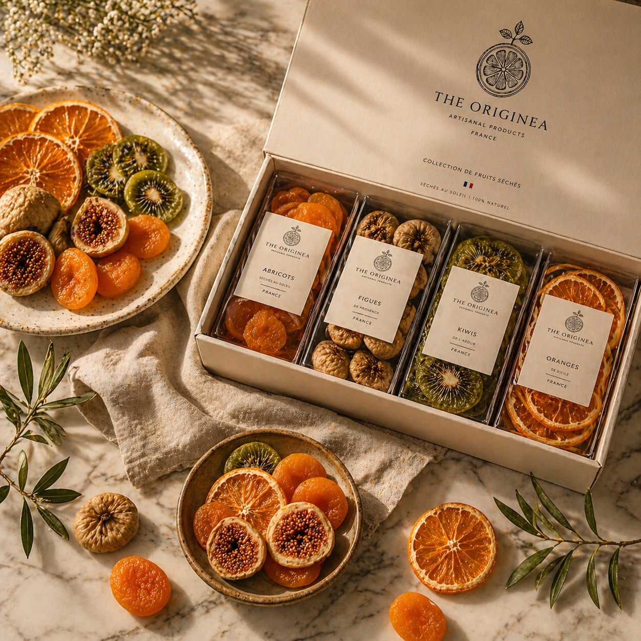Collection Table d'Exception — Assiette de fruits séchés artisanaux The Originea avec coffret et lavande de Provence, 100% naturel