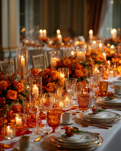 Table de mariage automne décorée de pétales de rose orange séchés et bougies | The Originea