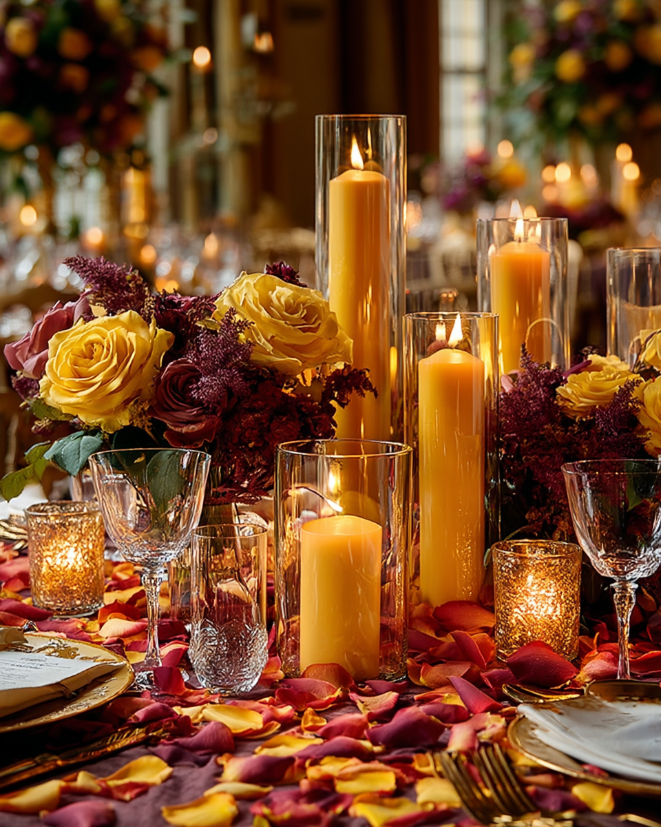 Table de mariage avec bougies piliers et pétales de rose orange et jaune | The Originea