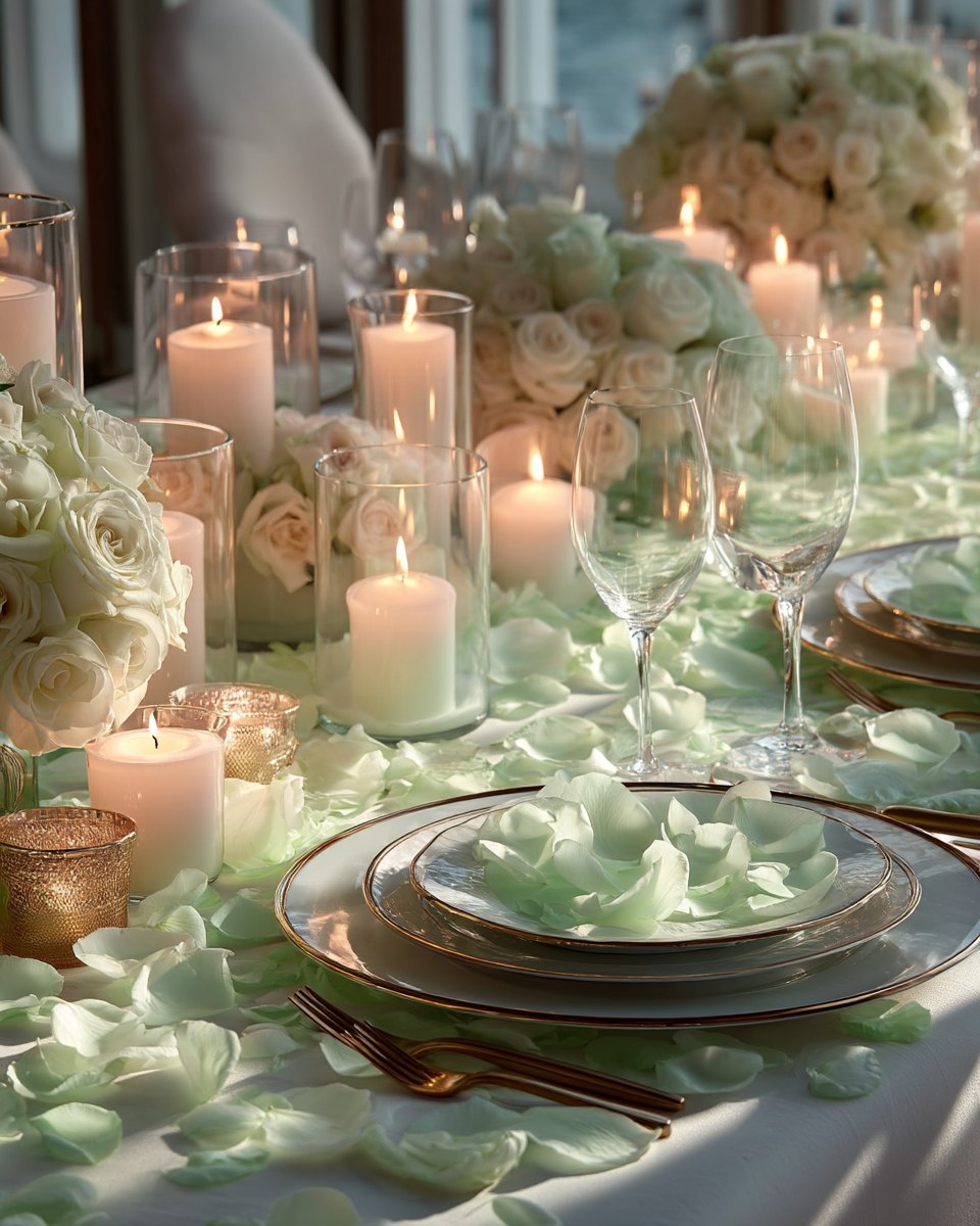 Table de mariage décorée de pétales de rose vert menthe séchés et bougies | The Originea