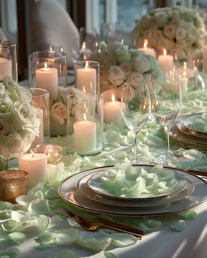 Table de mariage décorée de pétales de rose vert menthe séchés et bougies | The Originea