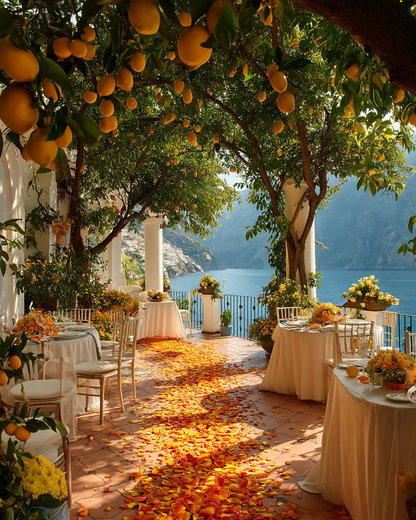 Terrasse mariage Amalfi Coast avec pétales de rose orange séchés | The Originea