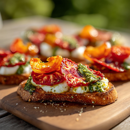 Bruschetta italienne garnie de tomates séchées colorées et pesto | The Originea
