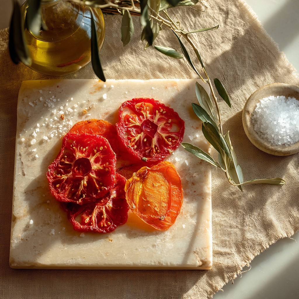 Flat lay tomates séchées colorées de la Drôme sur marbre avec huile d'olive | The Originea