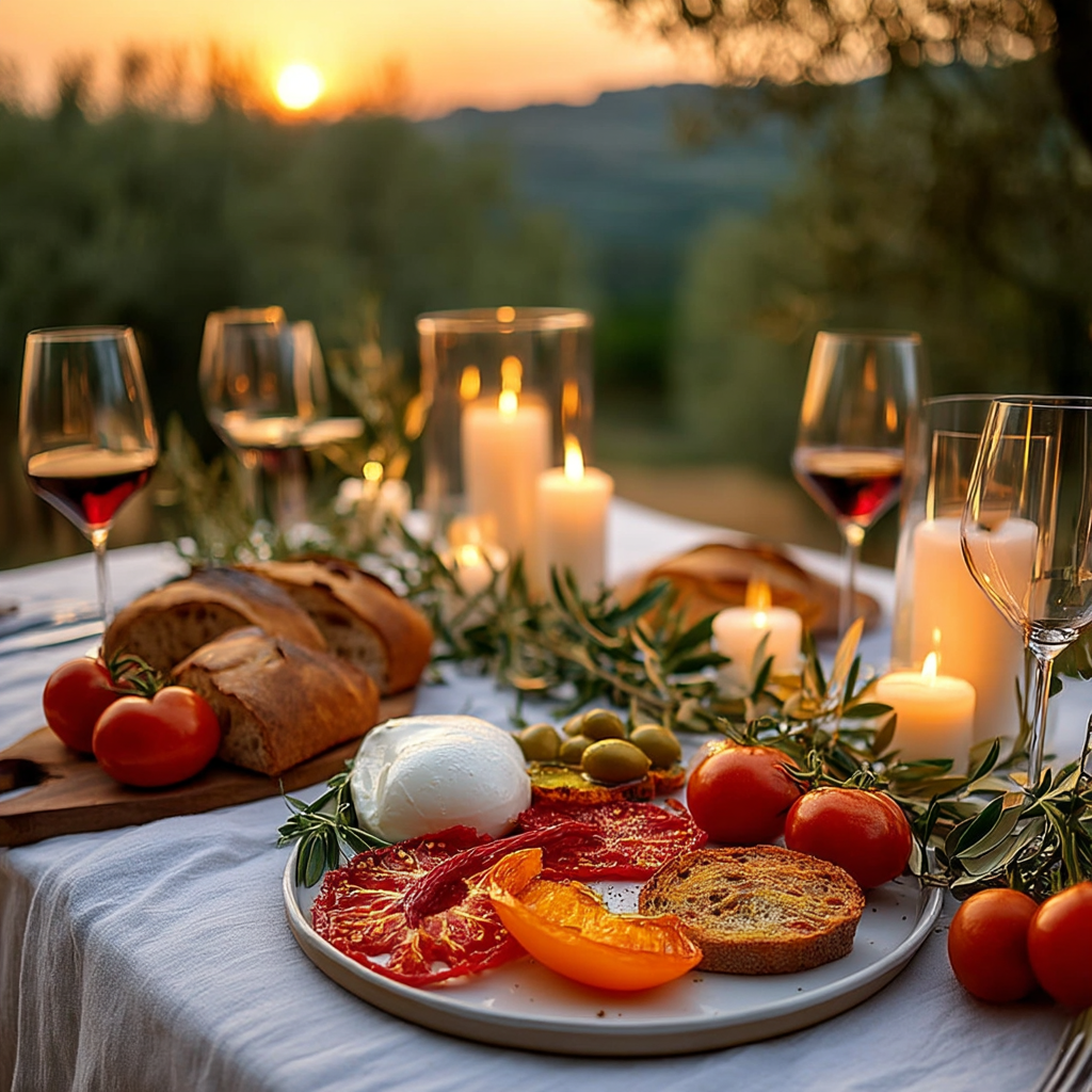 Tomates séchées colorées servies sur une table toscane au coucher du soleil | The Originea