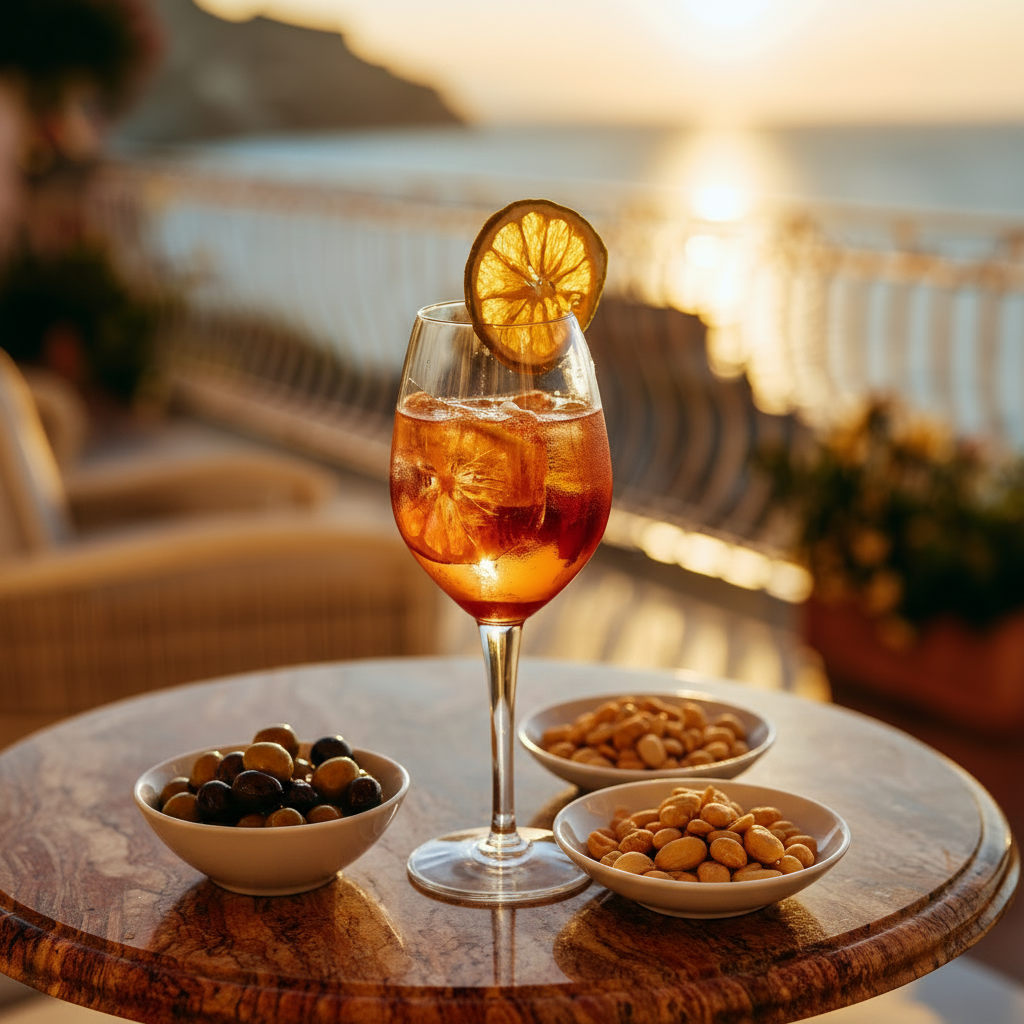 Aperol Spritz garni d'une tranche de citron séchée au coucher du soleil en bord de mer | The Originea
