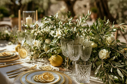 Décoration de table de mariage avec tranches de citron jaune séchées sur assiettes dorées | The Originea