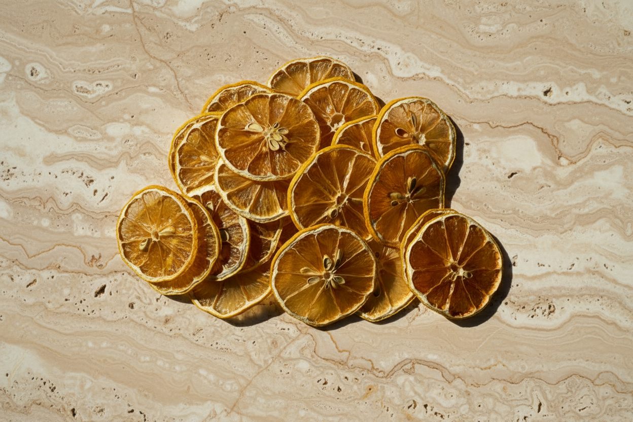 Tranches de citron jaune séchées — vue de la main tenant une belle sélection dorée | The Originea