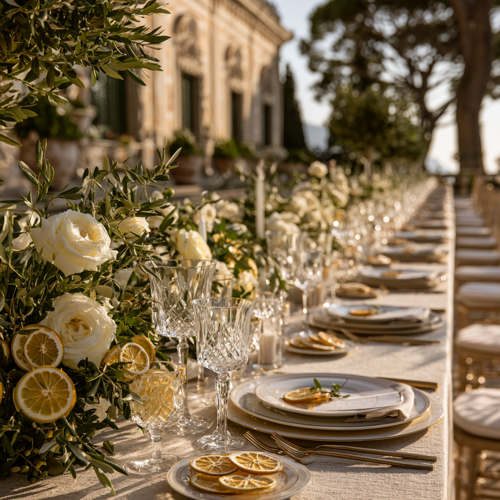 Grande table de mariage avec tranches de citron jaune séchées et branches d'olivier, villa italienne | The Originea