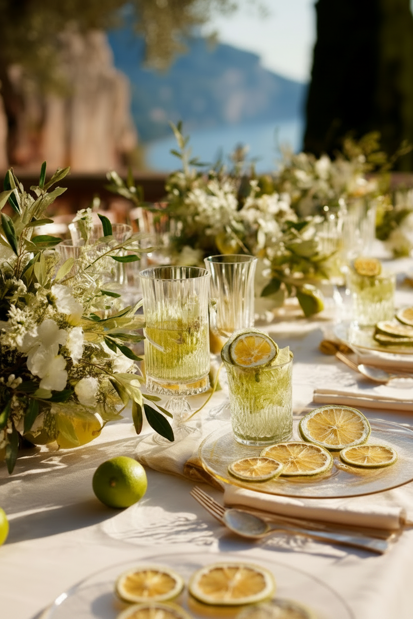 Table de mariage méditerranéenne avec tranches de citron jaune et citron vert séchées | The Originea