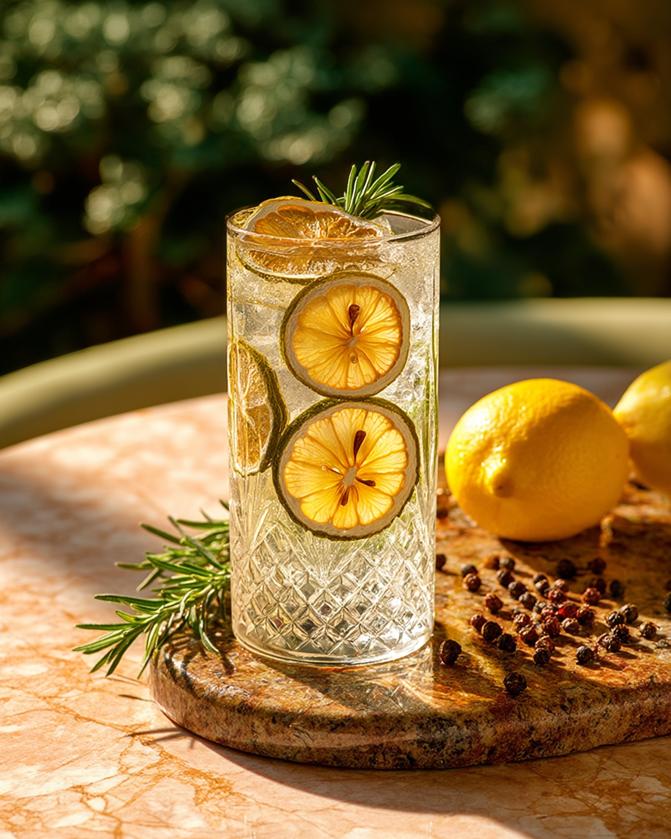 Gin tonic garni de tranches de citron séchées et romarin frais | The Originea