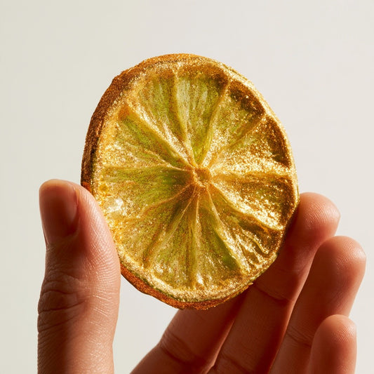 Main tenant une tranche de citron vert séchée pailletée d'or sur fond blanc | The Originea